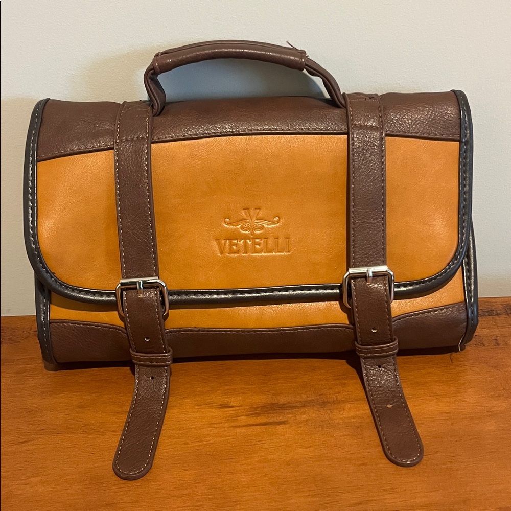 Vetelli Brown and Tan Leather Wash Bag